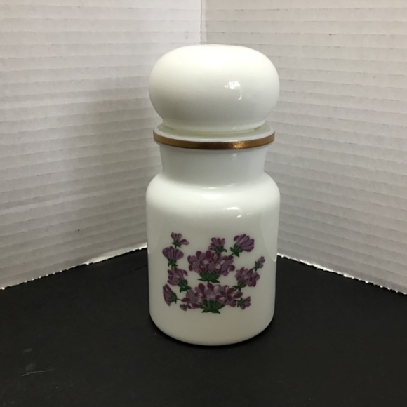 Vintage Milk Glass Apothecary Bottle with Purple Flowers, Made in Belgium - Picture 4 of 8